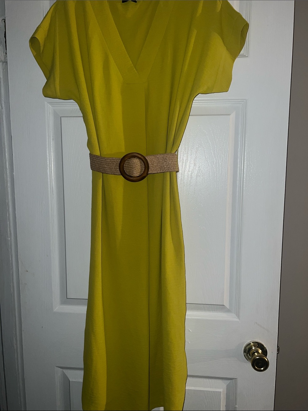 Muted Yellow V-Neck Midi Dress with Belt